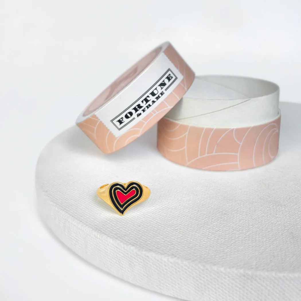 Deco Heart Signet Ring (Onyx & Pink) - Gold