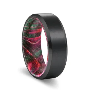 DONALDSON | Green and Red Wood, Black Tungsten Ring, Brushed, Beveled