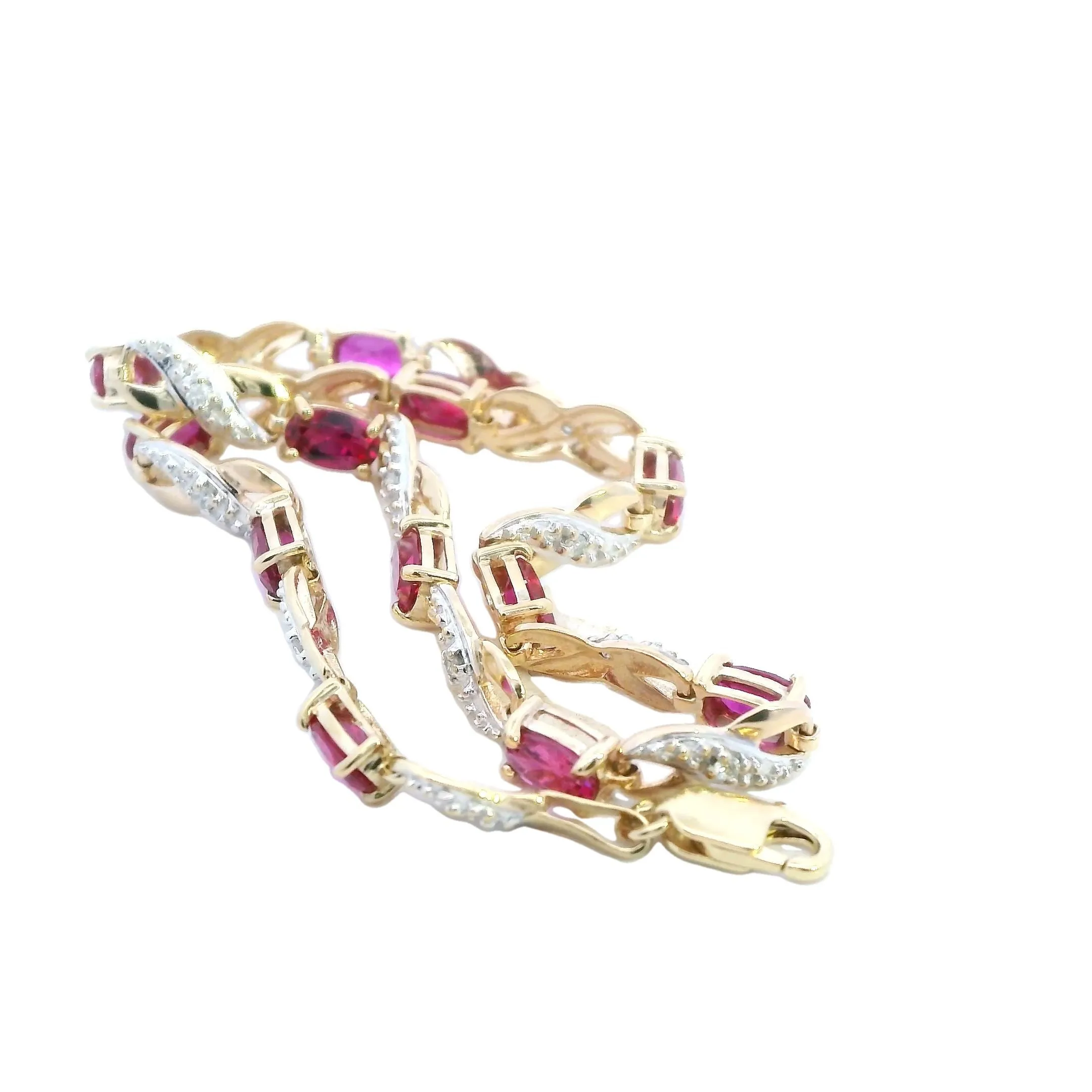 Elegant Created Ruby & Diamond Bracelet in Yellow Gold - 21cm