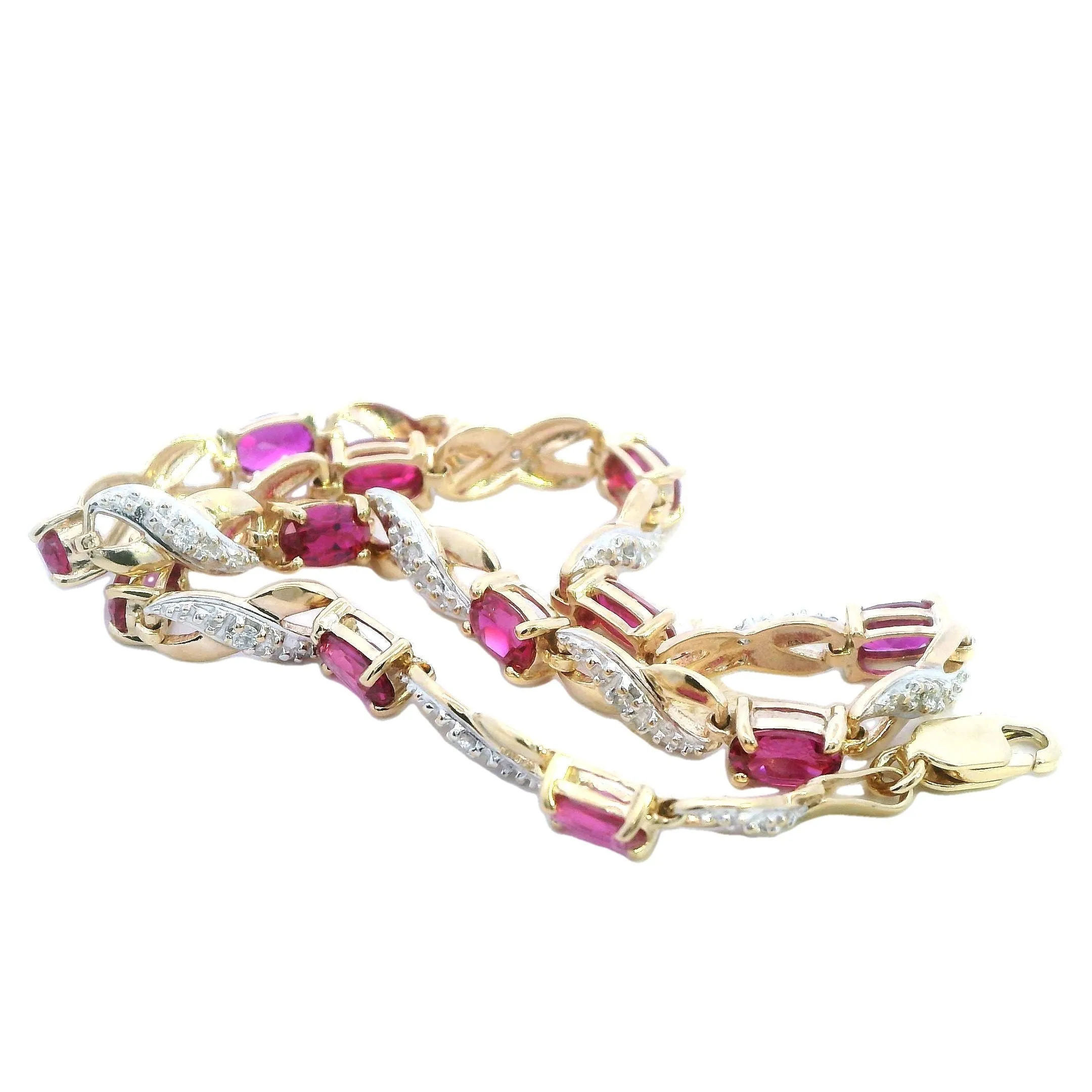 Elegant Created Ruby & Diamond Bracelet in Yellow Gold - 21cm