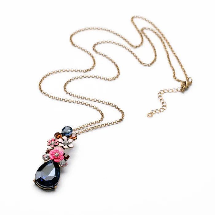 Fashion Design New Arrival Resin Glass Zinc Alloy Best Seller 18k Gold Flower SapphireTeardrop Pendant Necklace