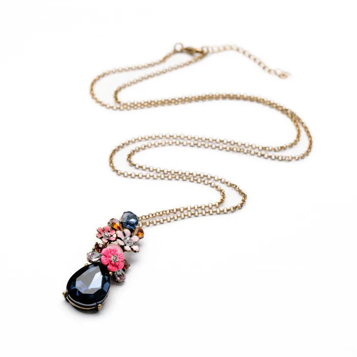 Fashion Design New Arrival Resin Glass Zinc Alloy Best Seller 18k Gold Flower SapphireTeardrop Pendant Necklace