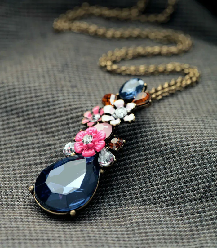 Fashion Design New Arrival Resin Glass Zinc Alloy Best Seller 18k Gold Flower SapphireTeardrop Pendant Necklace