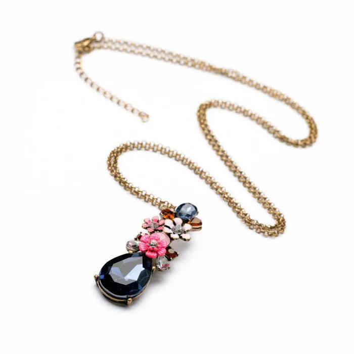 Fashion Design New Arrival Resin Glass Zinc Alloy Best Seller 18k Gold Flower SapphireTeardrop Pendant Necklace