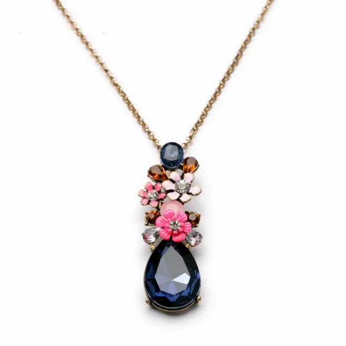 Fashion Design New Arrival Resin Glass Zinc Alloy Best Seller 18k Gold Flower SapphireTeardrop Pendant Necklace