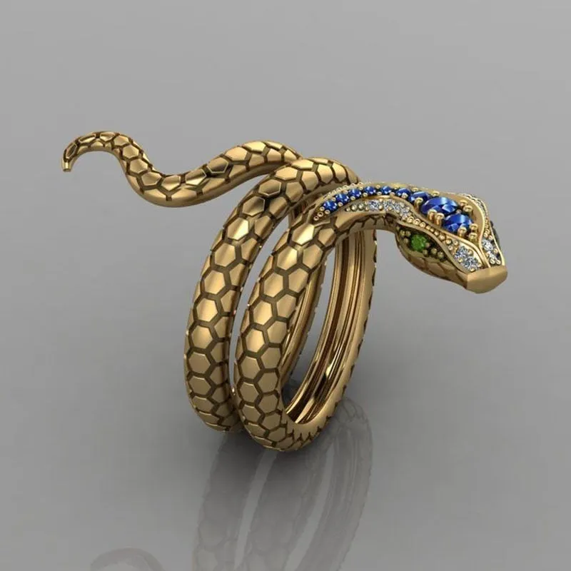 Fashion Jewelry Creative Snake Rings for Women with Blue Zircon in Gold Color