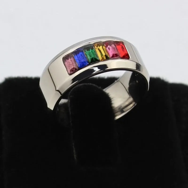 Fashion rainbow wedding rings for men and women gay pride ring with stone