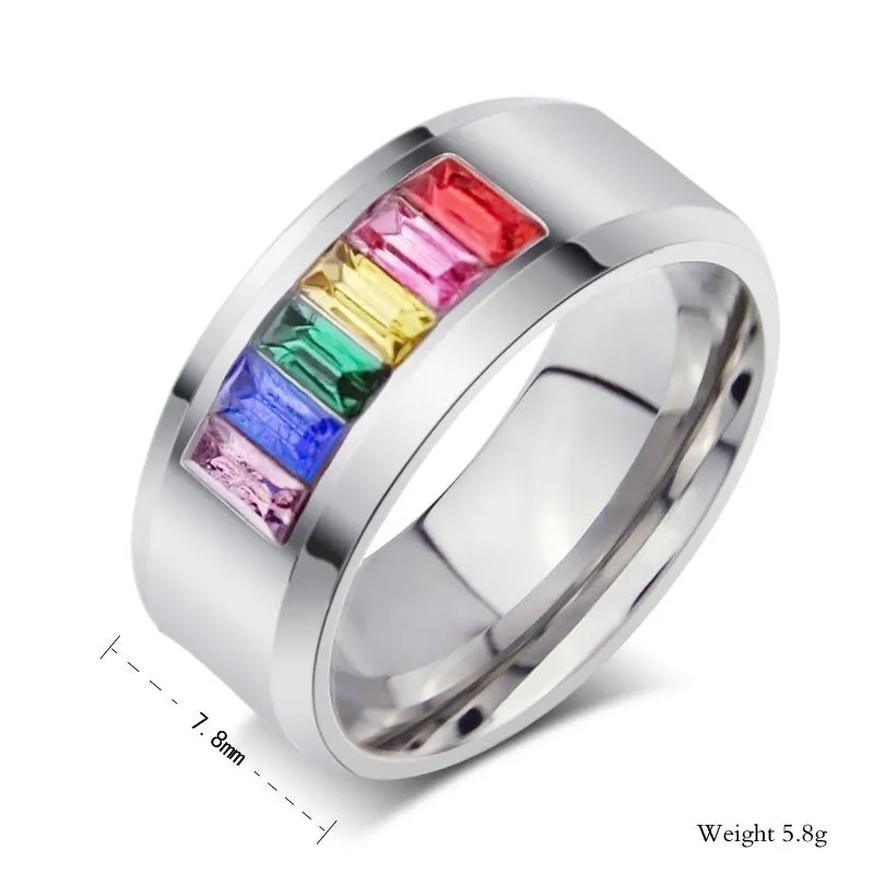 Fashion rainbow wedding rings for men and women gay pride ring with stone