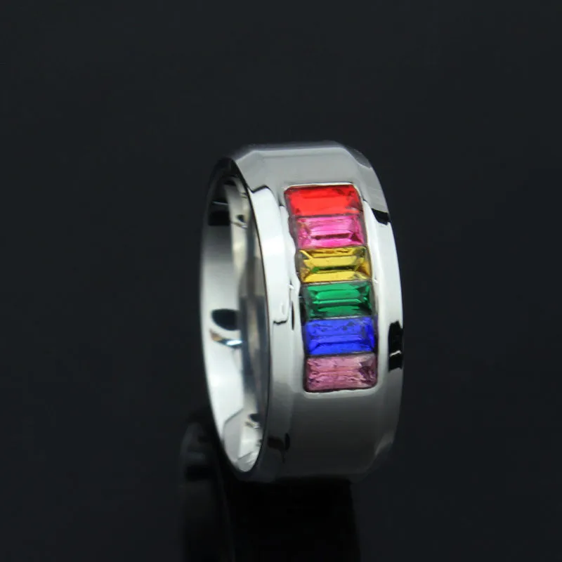 Fashion rainbow wedding rings for men and women gay pride ring with stone