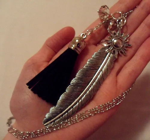 Fashion Tassel Pendant Necklace Feather Necklace Link Chain Silver Tone