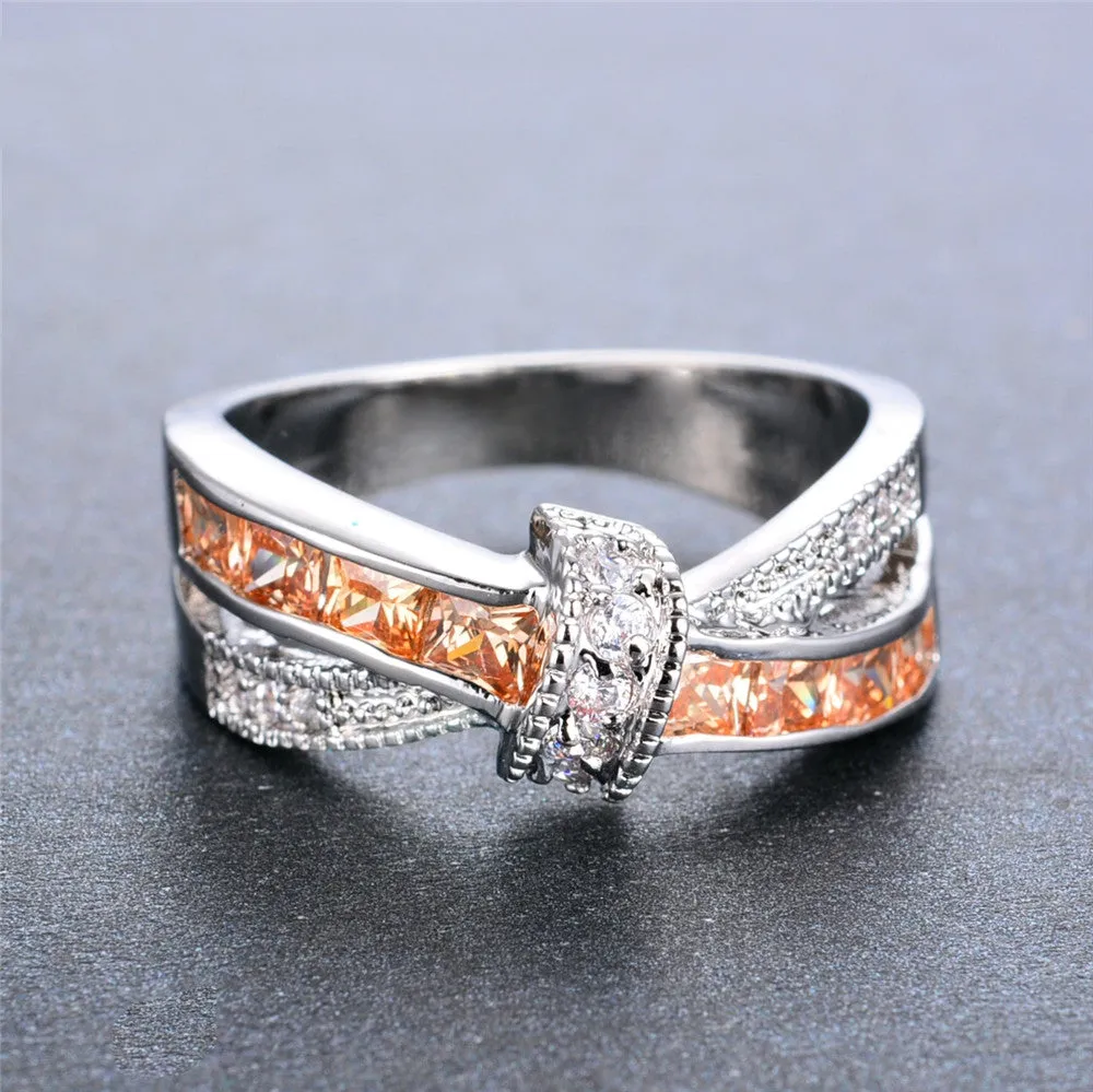 Female Champagne Ring Fashion White Gold Filled Jewelry Vintage Wedding Rings For Women Birthday Stone Gifts