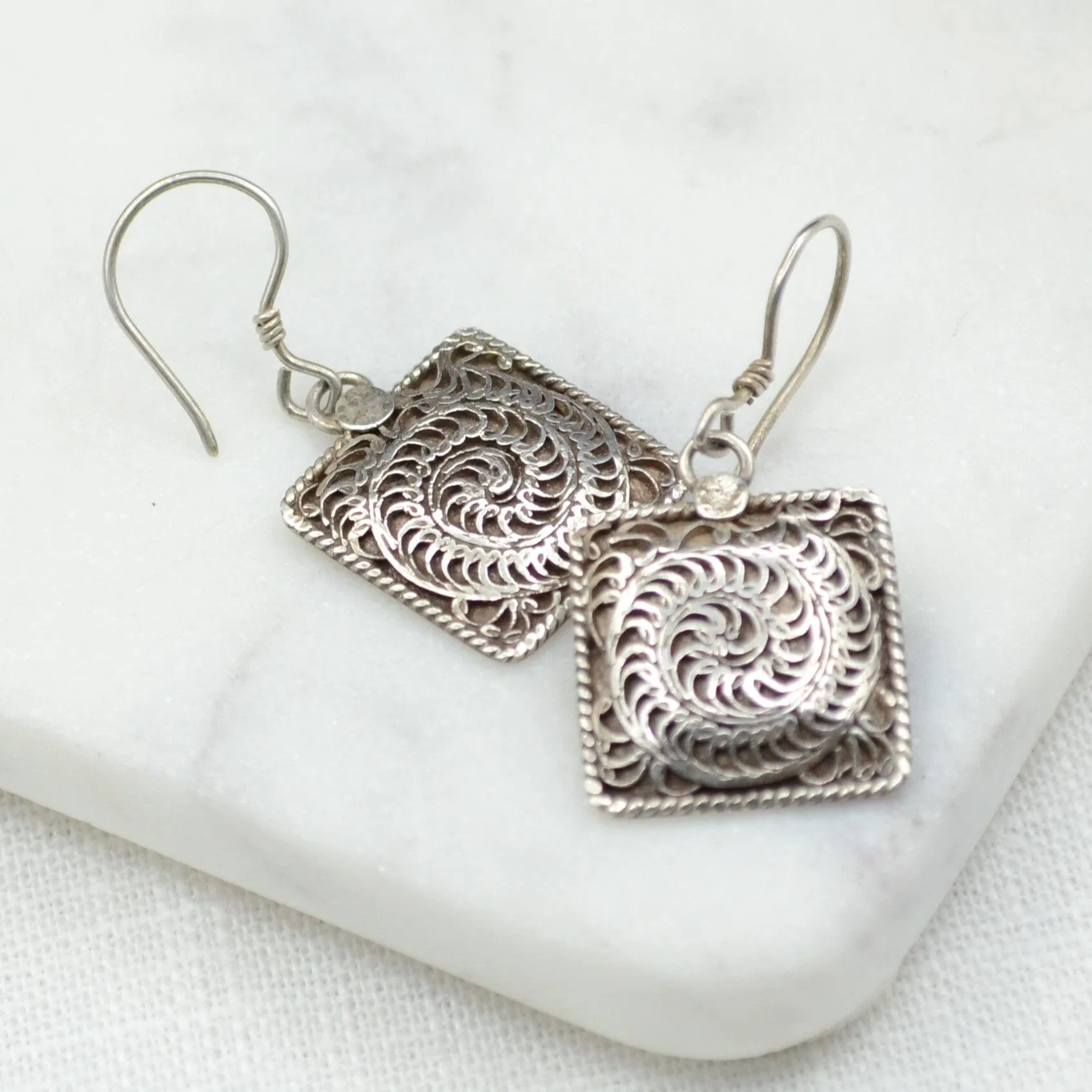 Filigree Square Silver Earrings