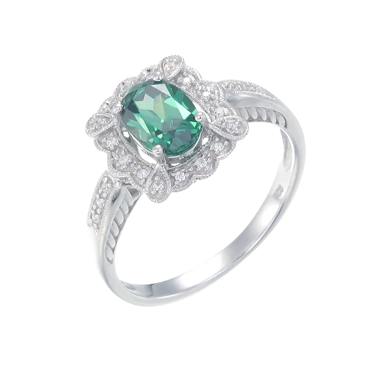 Green Scalloped Filigree Ring with Halo