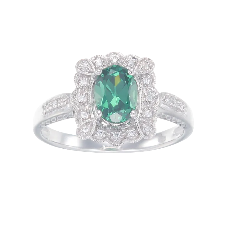 Green Scalloped Filigree Ring with Halo