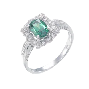 Green Scalloped Filigree Ring with Halo