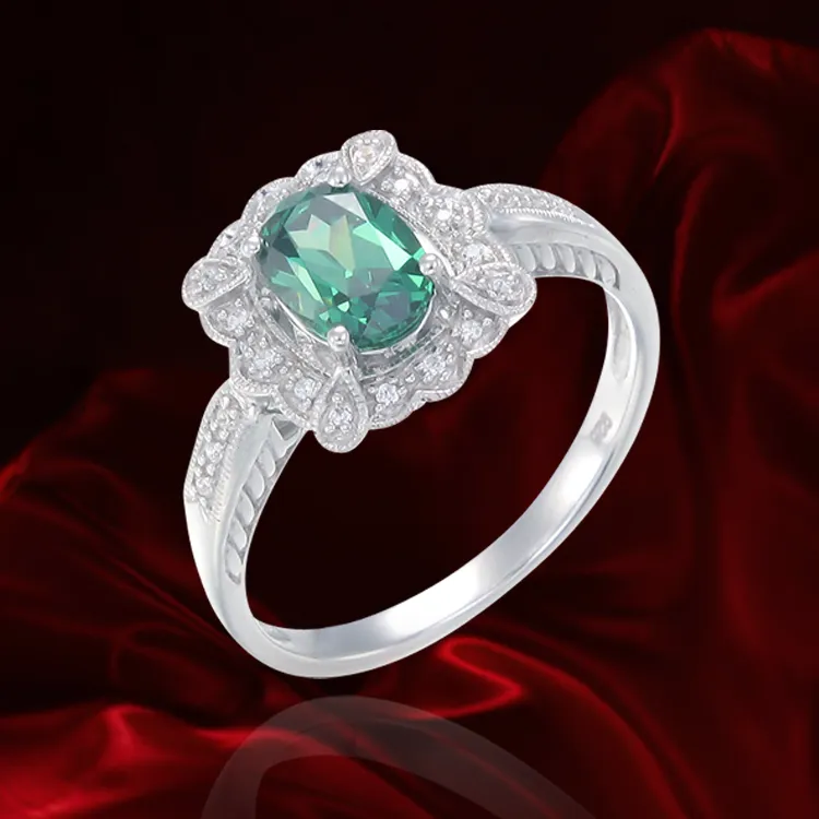 Green Scalloped Filigree Ring with Halo