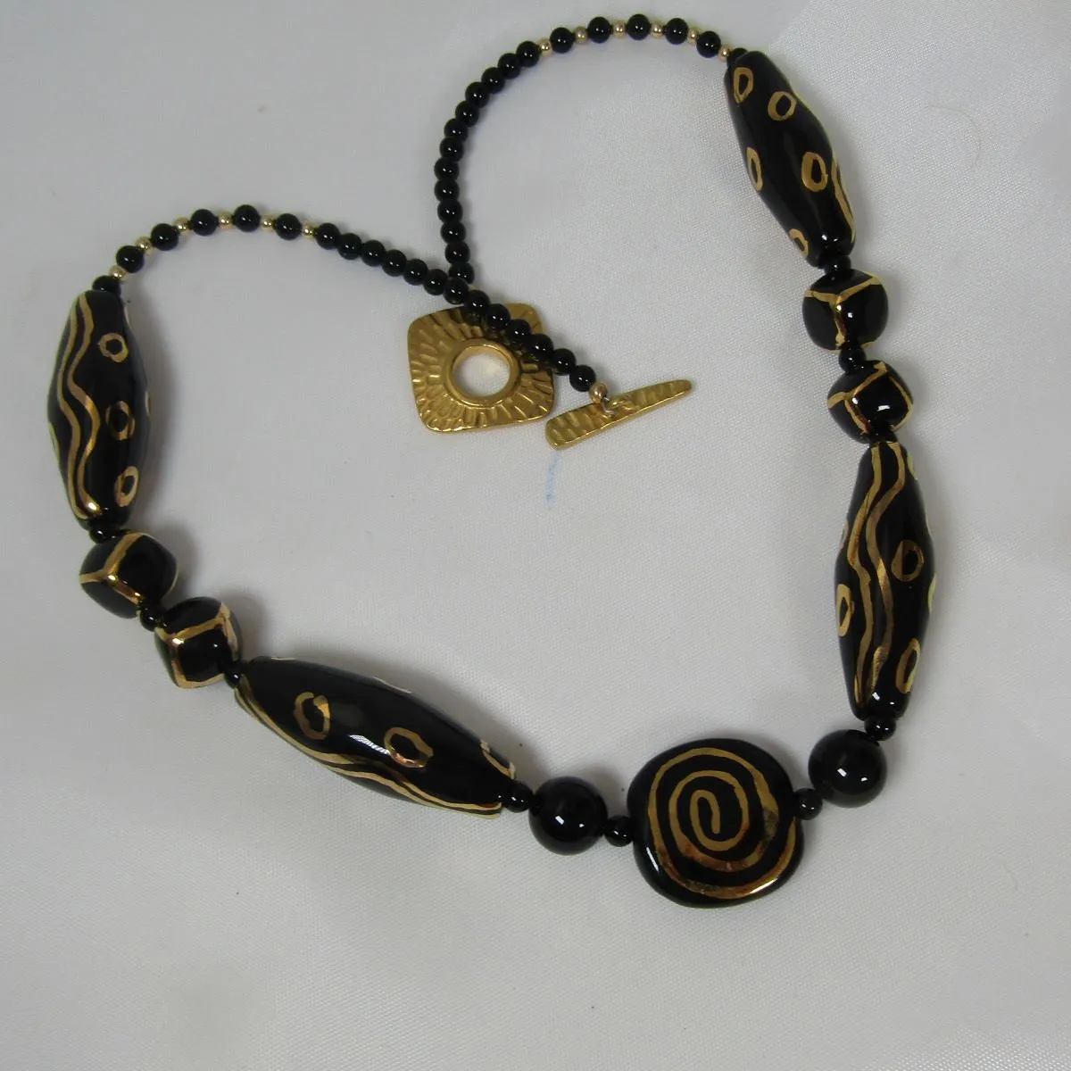 Handmade Kazuri Necklace in Black Coins and  Onyx