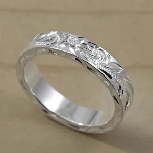 Hawaiian Hand Engraved Sterling Silver Ring [4mm width]  Flat Shape