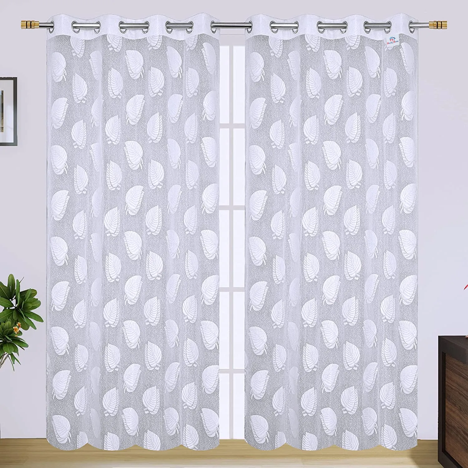 Heart Home Leaf Print Home Decor Cotton Door Curtain with 8 Eyeletss, 7 Feet Pack of 2 (White)-50HH01061