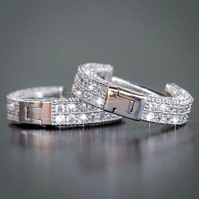 Hip Hop Jewelry Micro Pave Hoop Earrings for Women with Zircon in Silver Color