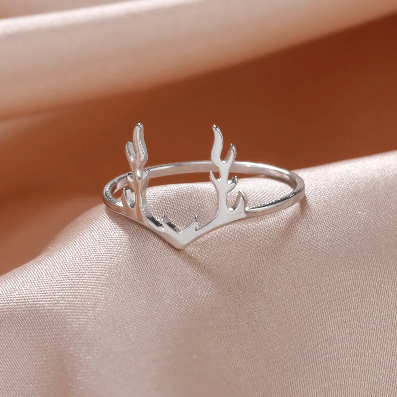 HIPEE Animal Deer Antler Shape Rings For Women Men Jewerly Stainless Steel Ring Couple Rings For Women Christmas Party Gifts