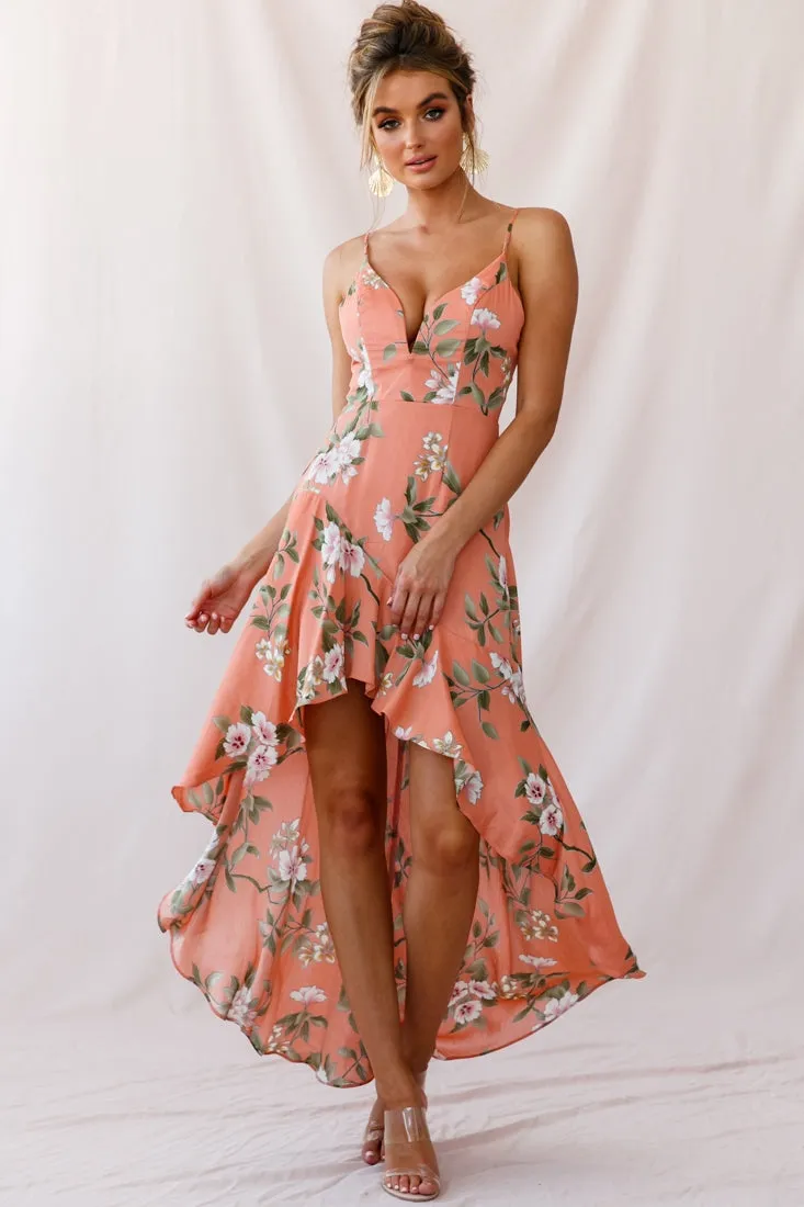 Imelda V-Neckline High-Low Hem Dress Peach