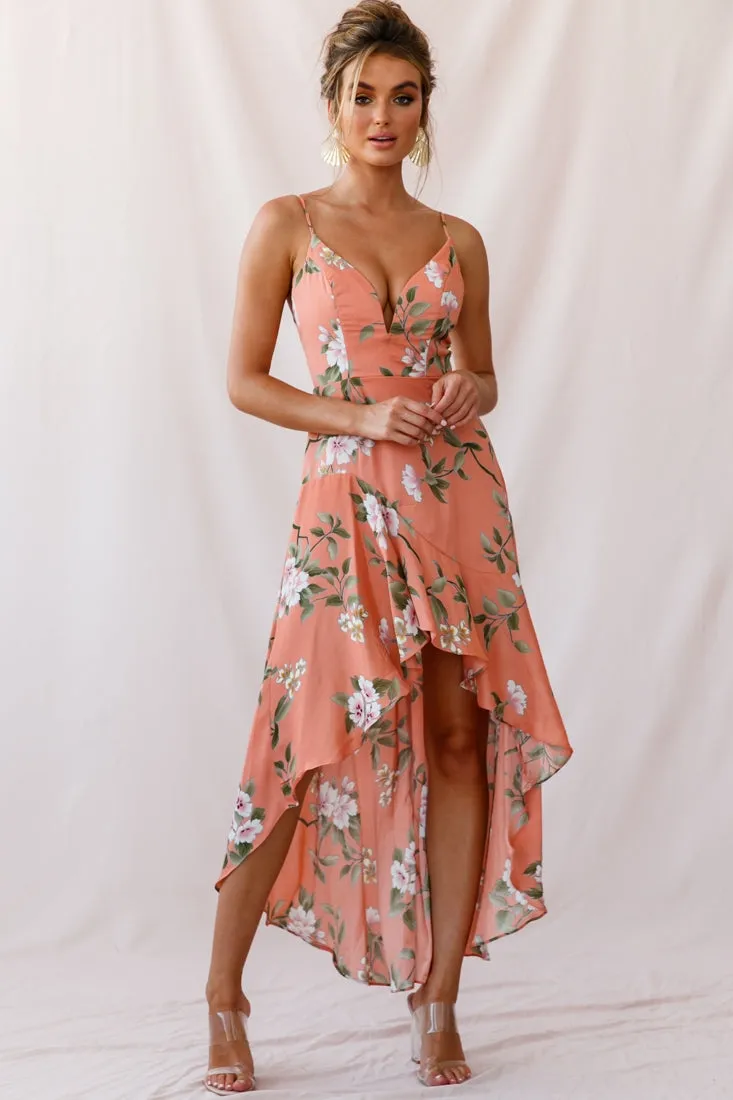 Imelda V-Neckline High-Low Hem Dress Peach