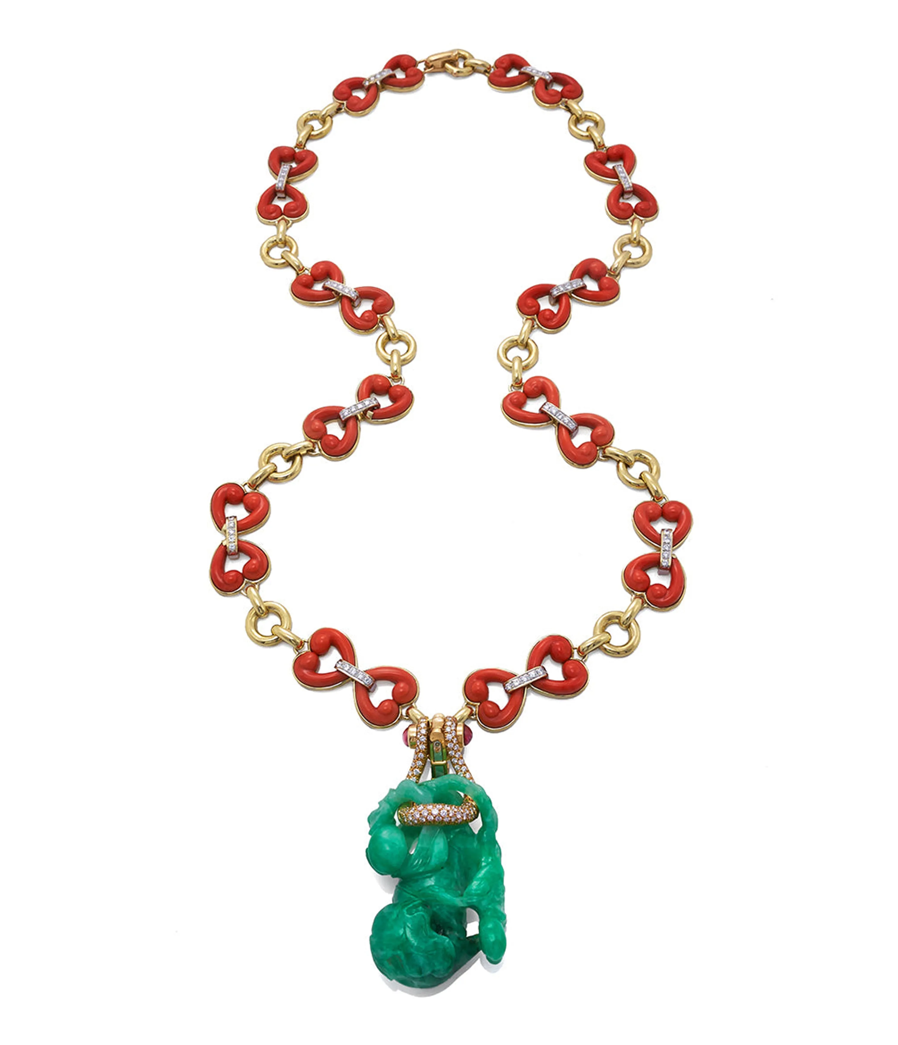 Jade Gourd Pendant and Coral Necklace