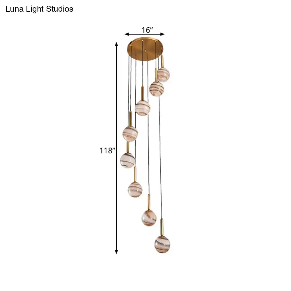 Jupiter Glass Cluster Pendant with Modern Spiral Design - 8 Light Brown Hanging Ceiling Lamp