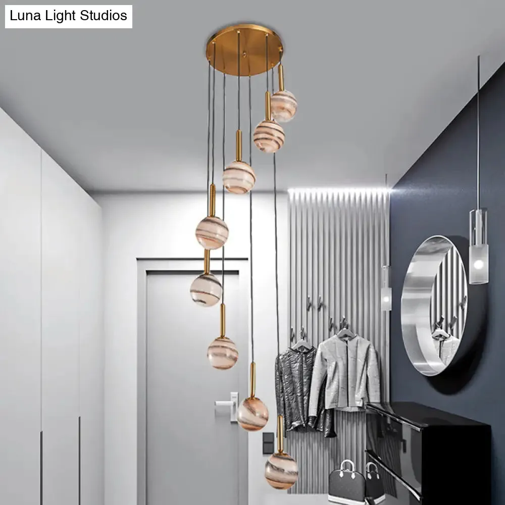 Jupiter Glass Cluster Pendant with Modern Spiral Design - 8 Light Brown Hanging Ceiling Lamp