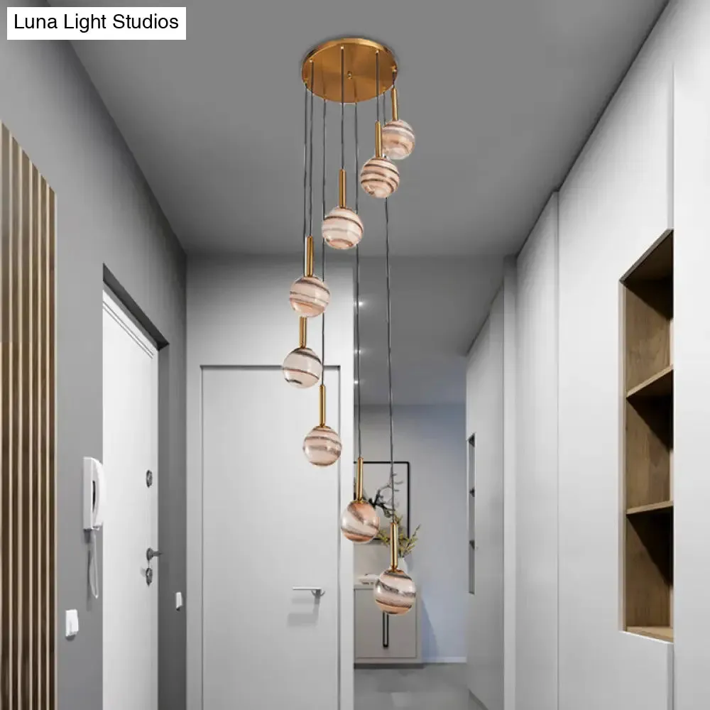 Jupiter Glass Cluster Pendant with Modern Spiral Design - 8 Light Brown Hanging Ceiling Lamp