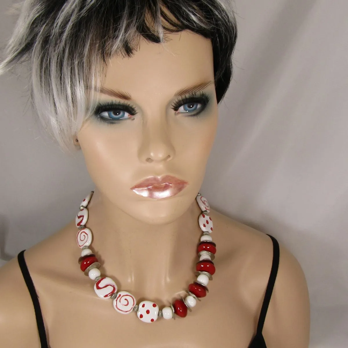 Kazuri Beaded Necklace in Red and White Fair Trade Beads