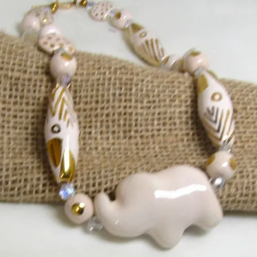 Kazuri  Necklace in White Chocolate and Gold Elephant Fair Trade