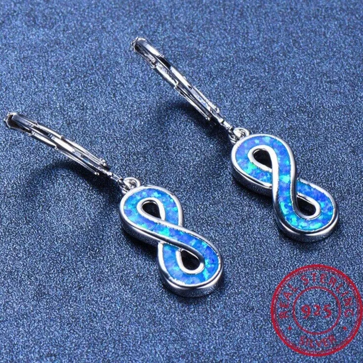 Love Infinity Blue/White Fire Opal Drop Earrings - S925 Sterling Silver