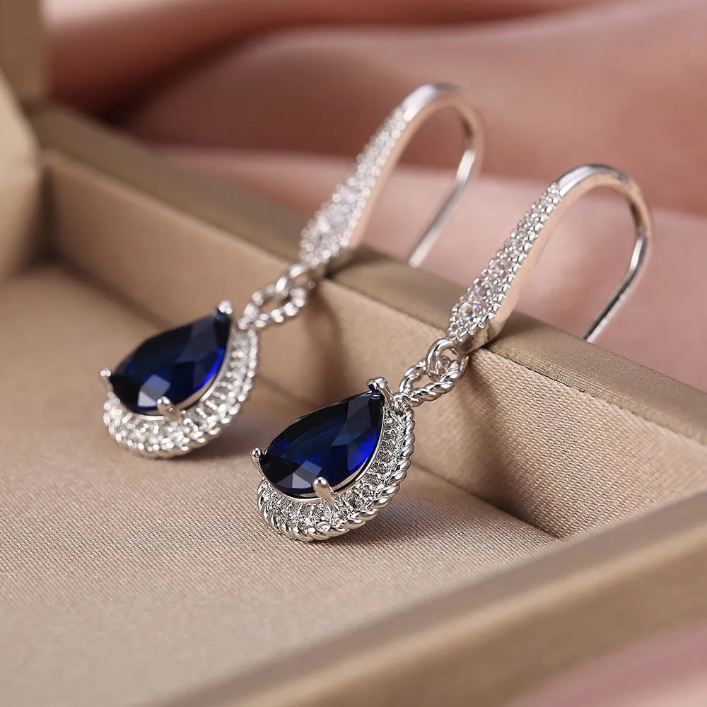 Luxury Jewelry Blue Cubic Zirconia Drop Earrings for Women in Silver Color