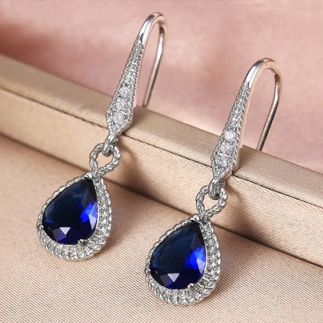 Luxury Jewelry Blue Cubic Zirconia Drop Earrings for Women in Silver Color