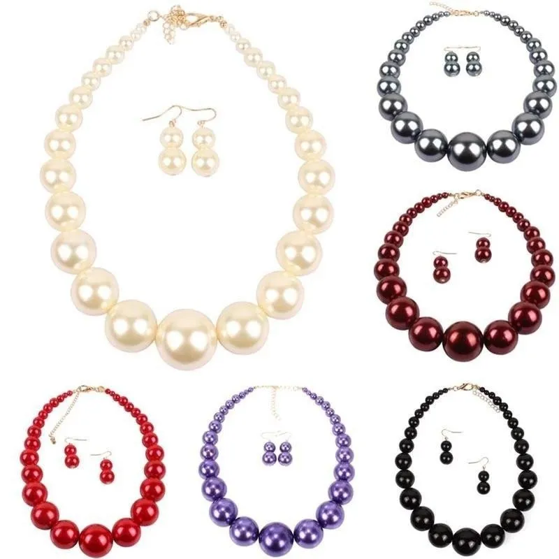 Luxury Round Big Simulated Pearl Necklace Earring Jewelry Sets For Women