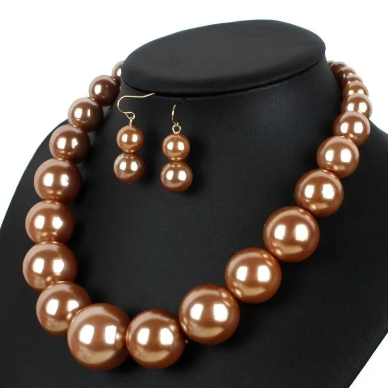 Luxury Round Big Simulated Pearl Necklace Earring Jewelry Sets For Women