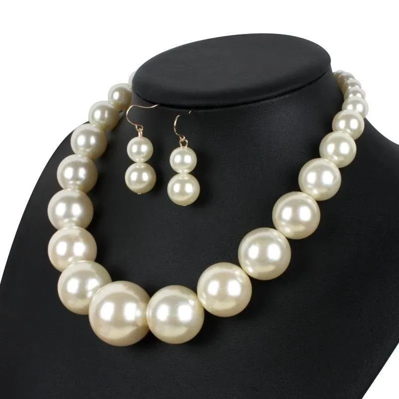 Luxury Round Big Simulated Pearl Necklace Earring Jewelry Sets For Women