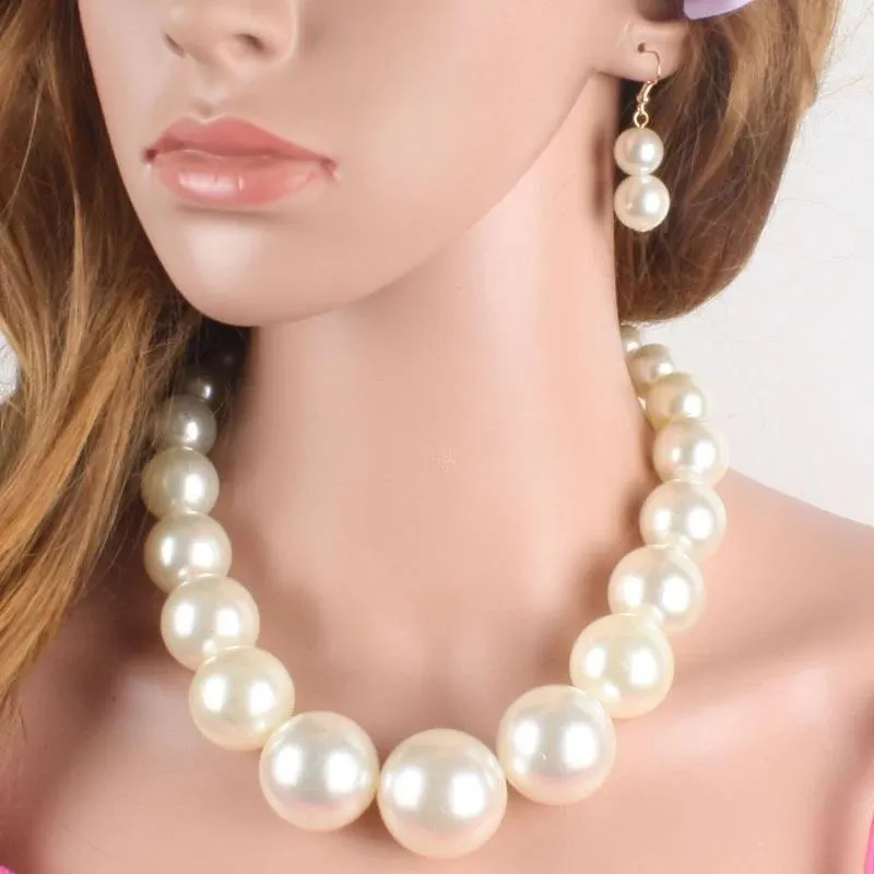 Luxury Round Big Simulated Pearl Necklace Earring Jewelry Sets For Women