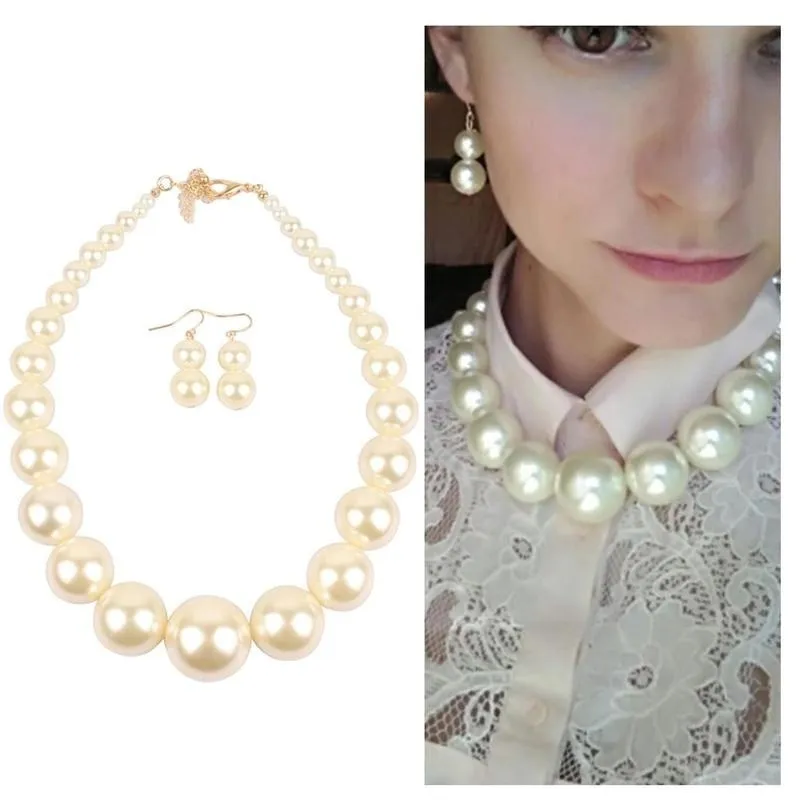 Luxury Round Big Simulated Pearl Necklace Earring Jewelry Sets For Women