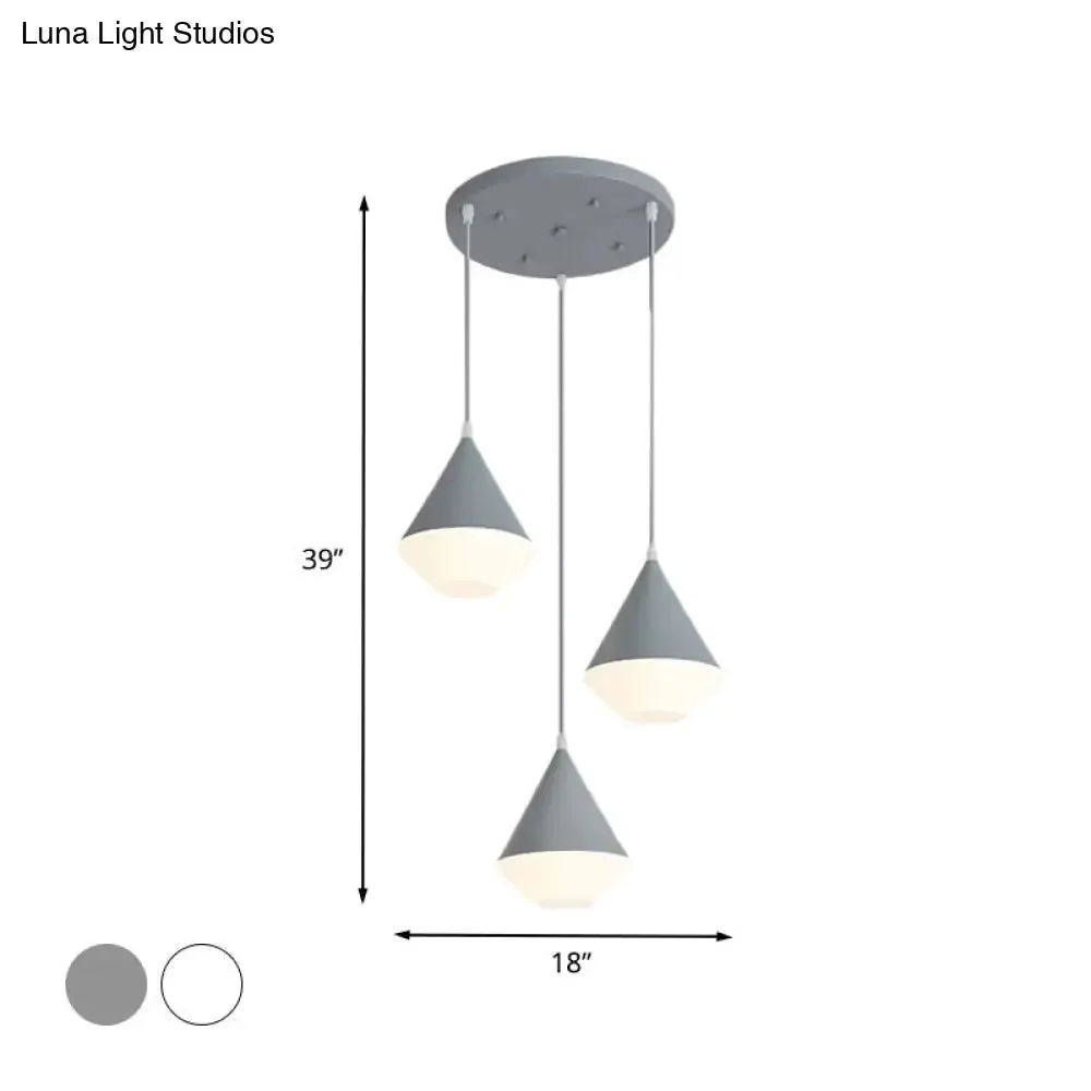 Modern Acrylic Cone Pendant Light with 3 Heads - White/Grey Coffee House Hanging Lamp