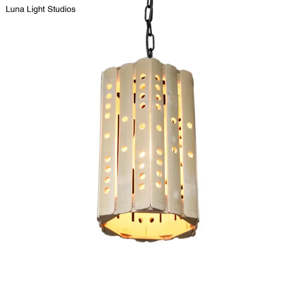 Modern Bamboo Cylinder Suspension Pendant Light - Single Bulb Porch Hanging Lamp in Beige