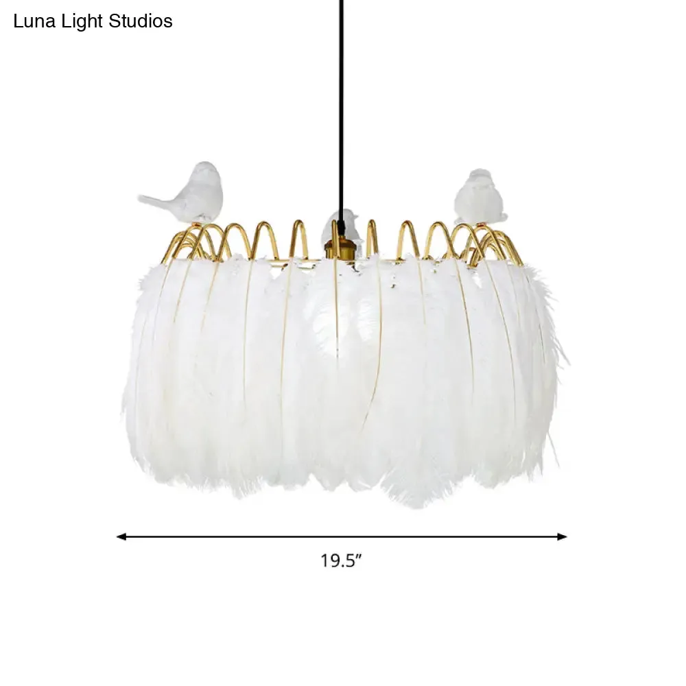 Modern Bird Fabric Drum Pendant Lamp - White 1-Light Hanging Lamp for Bedroom