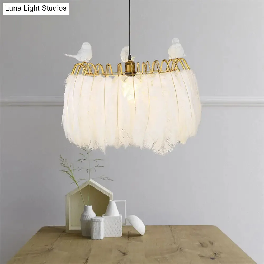 Modern Bird Fabric Drum Pendant Lamp - White 1-Light Hanging Lamp for Bedroom