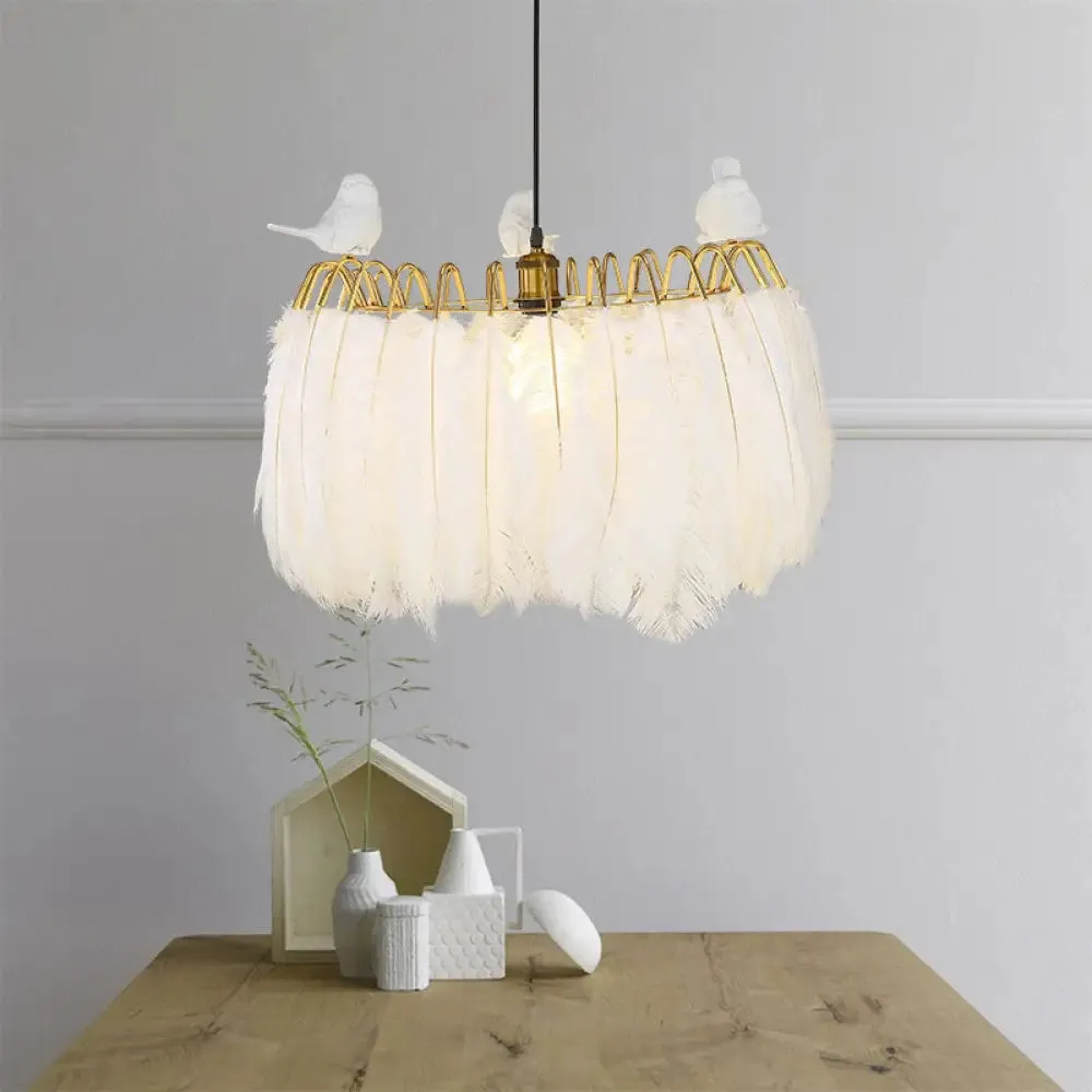 Modern Bird Fabric Drum Pendant Lamp - White 1-Light Hanging Lamp for Bedroom