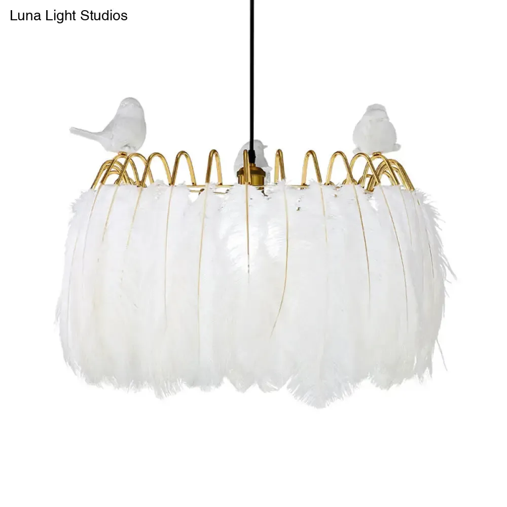 Modern Bird Fabric Drum Pendant Lamp - White 1-Light Hanging Lamp for Bedroom