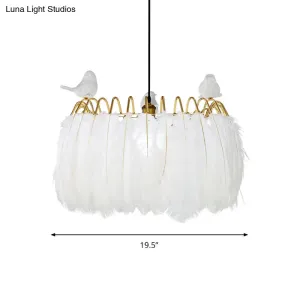 Modern Bird Fabric Drum Pendant Lamp - White 1-Light Hanging Lamp for Bedroom