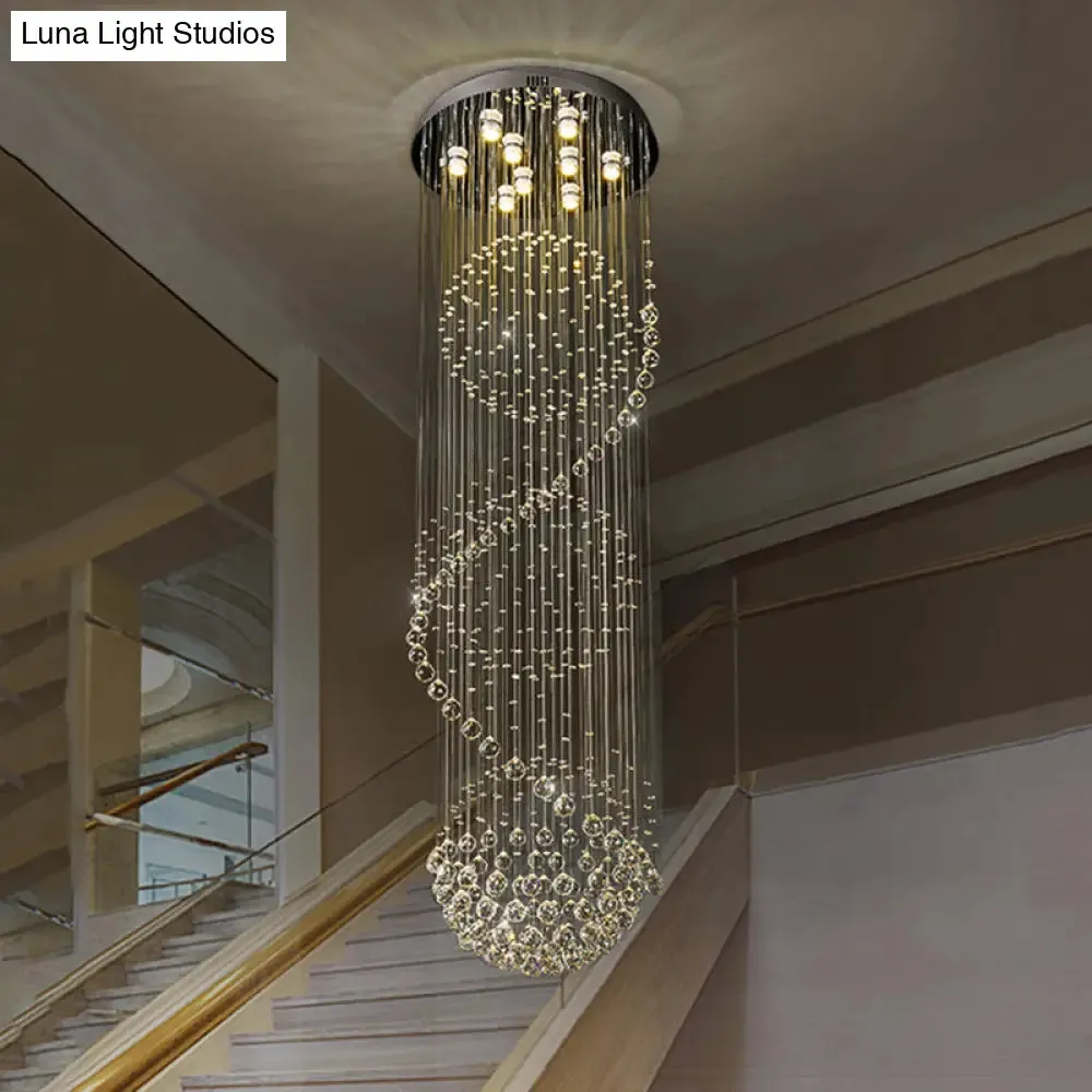 Modern Black Crystal Pendant with Clear Orbs and Rods - 9-Bulb LED Ceiling Fixture for Staircase