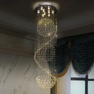 Modern Black Crystal Pendant with Clear Orbs and Rods - 9-Bulb LED Ceiling Fixture for Staircase